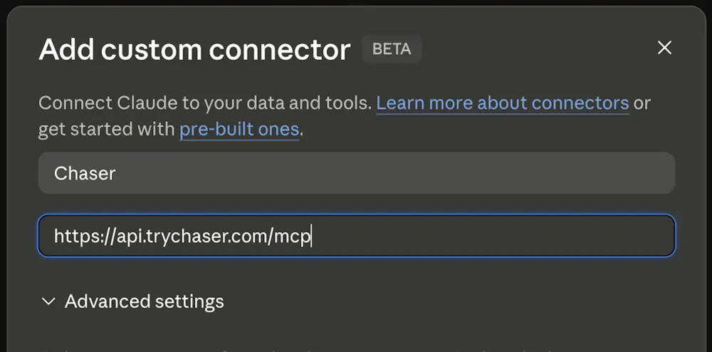 Add custom connector dialog with Chaser as the name and https://api.trychaser.com/mcp as the server URL