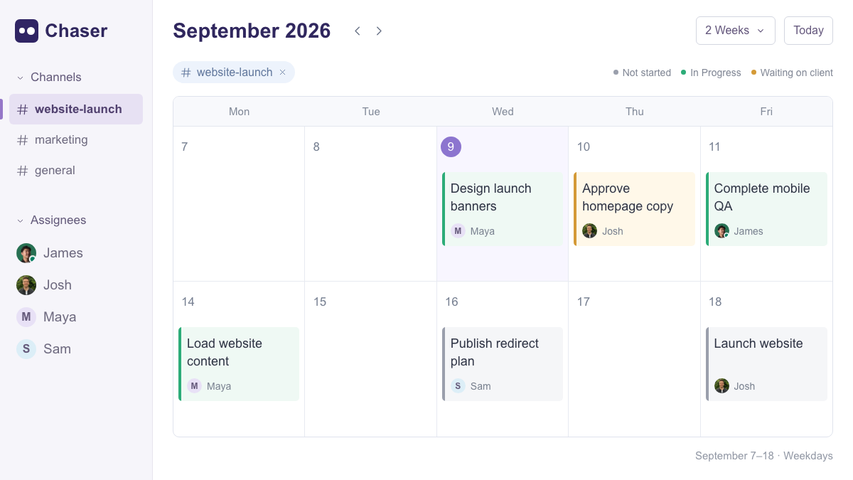 Chaser calendar showing project tasks on their due dates, with assignees and status colors.