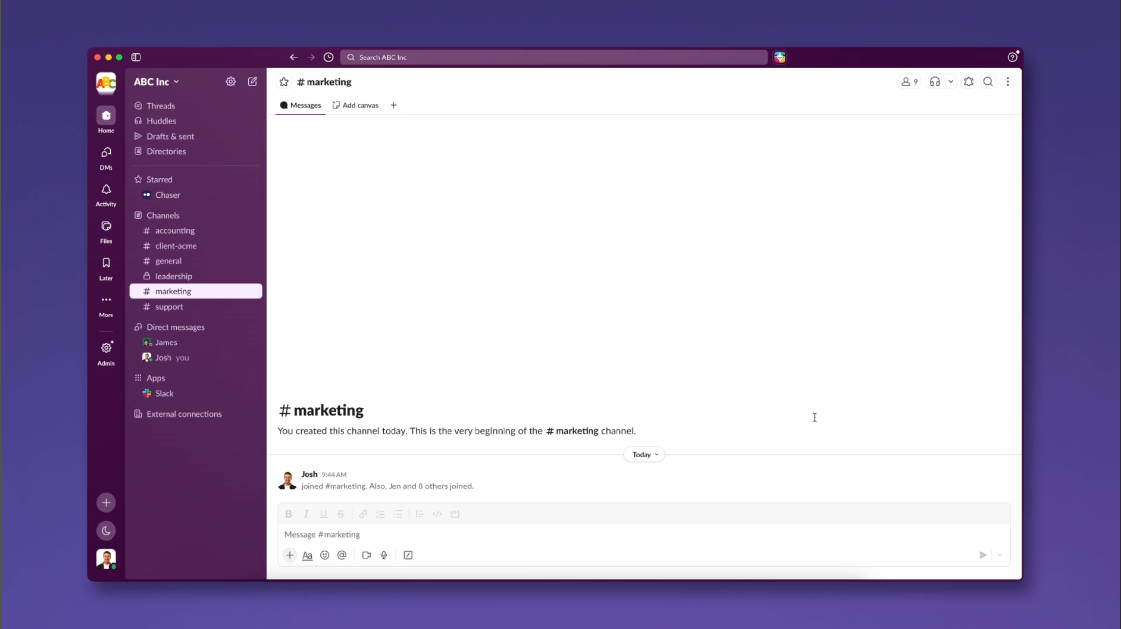 Chaser product tour showing the marketing channel in Slack