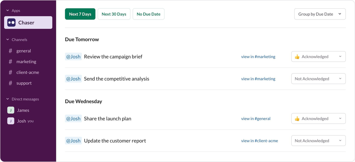 Chaser demo showing a team task dashboard inside Slack, with due-date groups and task actions.