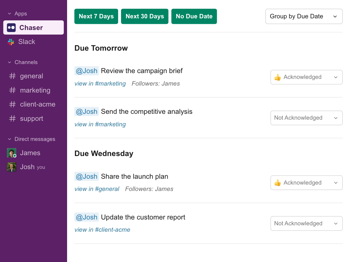 Chaser Home in Slack showing upcoming tasks grouped by due date.