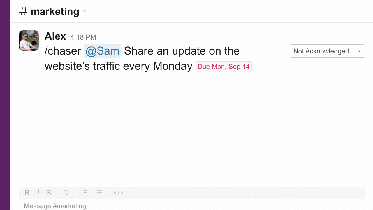 Confirm a recurring task schedule in Slack.