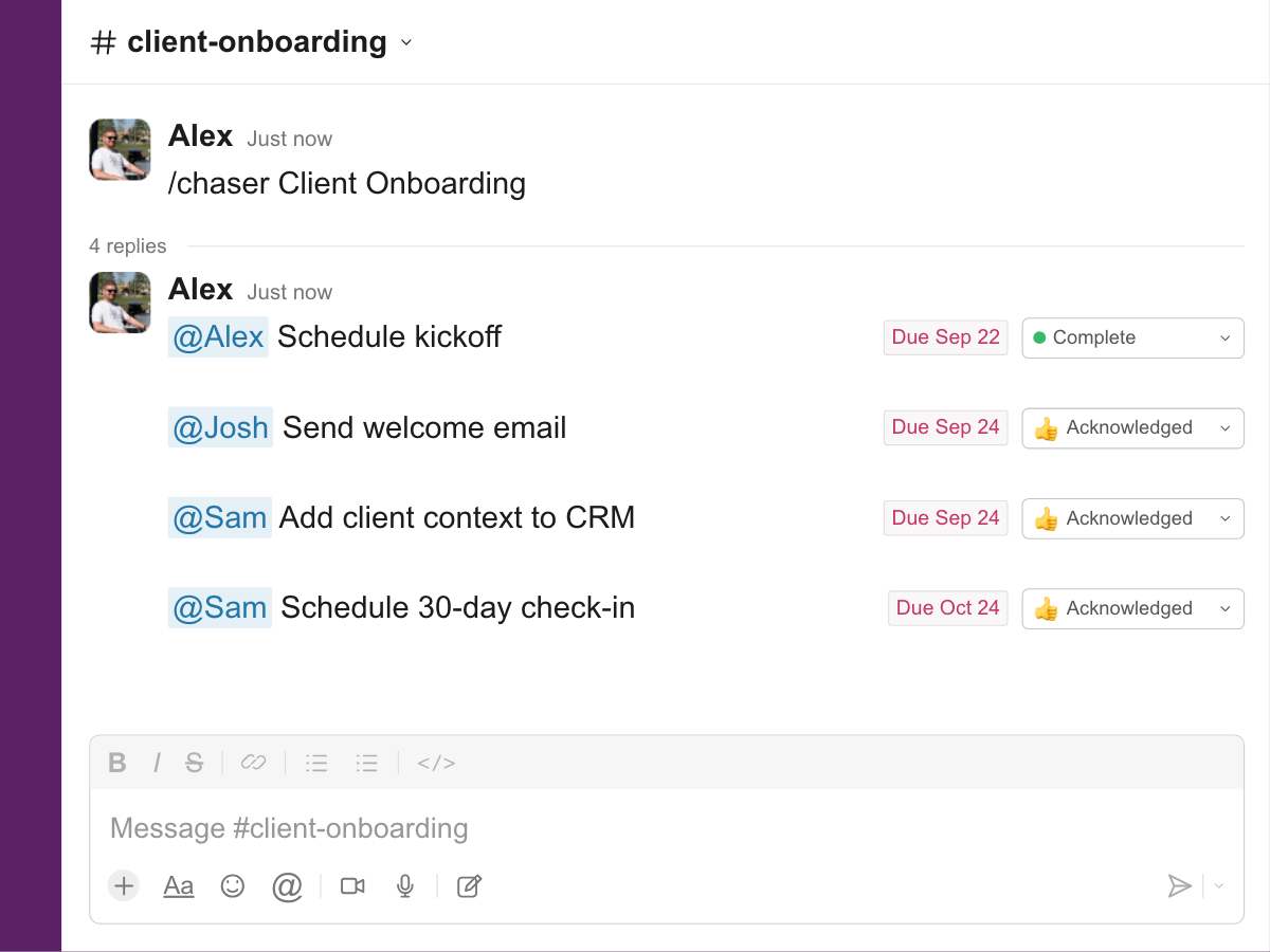 A client onboarding checklist creates tasks assigned to different teammates.