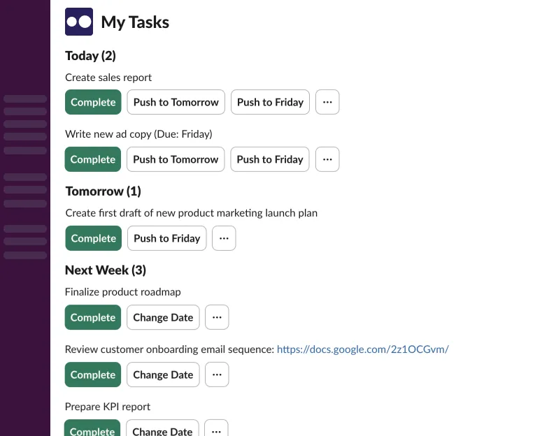Screenshot showing an organized list of individual tasks with status filters.