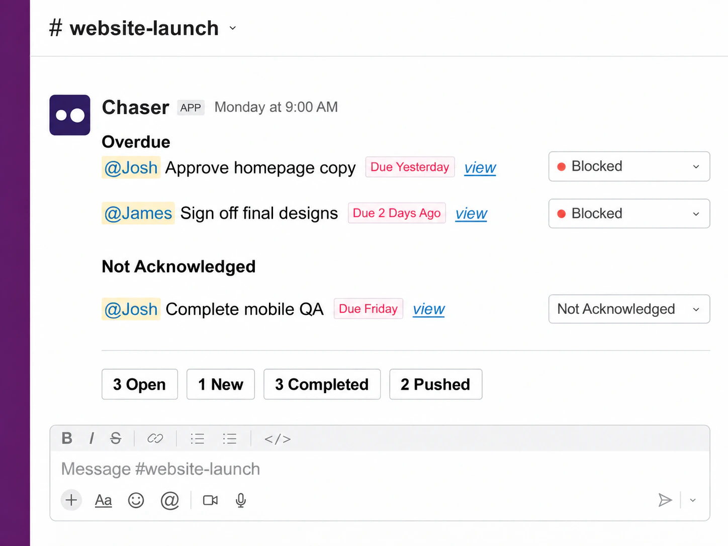 Scheduled project status report in a Slack channel