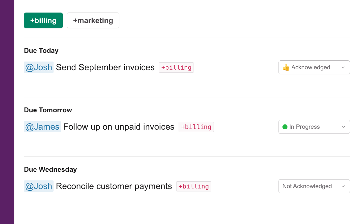 Tasks from different Slack channels grouped under the +billing tag, with due dates and task statuses.