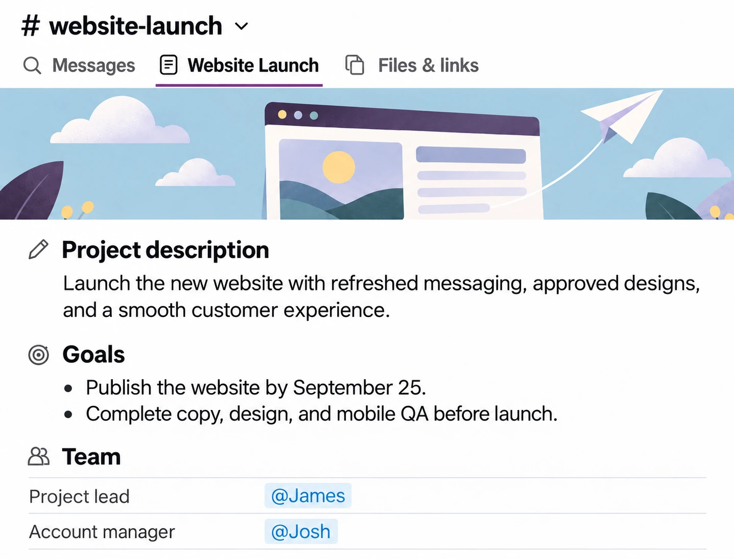 Website launch project brief in Slack Canvas, showing the project description, goals and team.