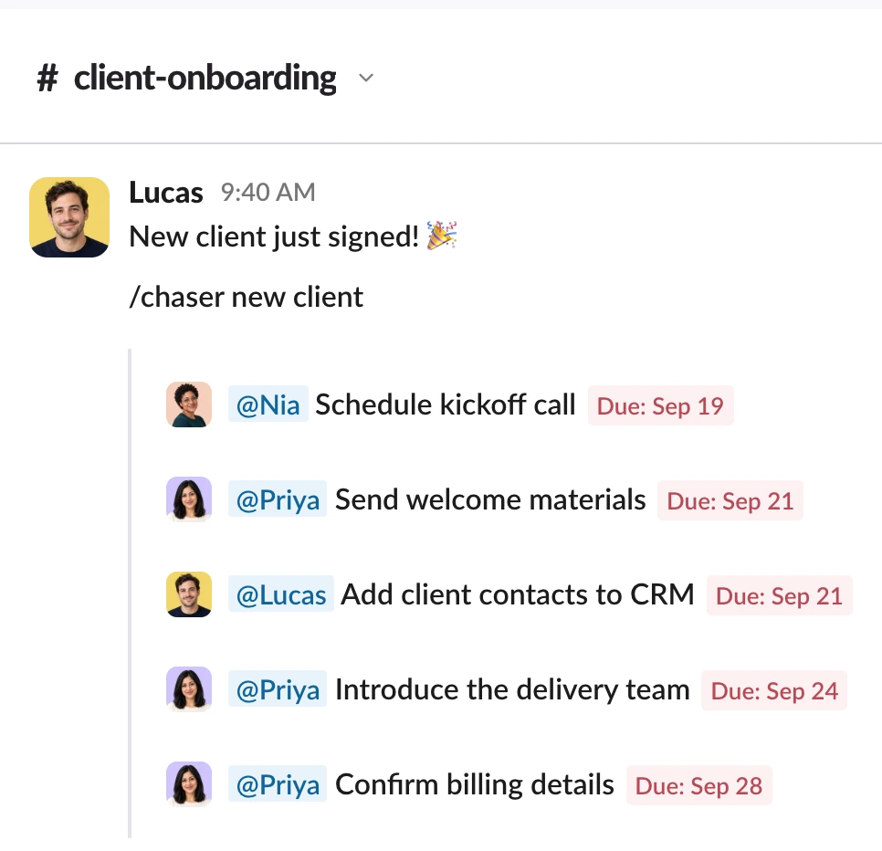 The new client checklist creates five tasks in the client-onboarding channel, assigned to Nia, Priya and Lucas with individual due dates.