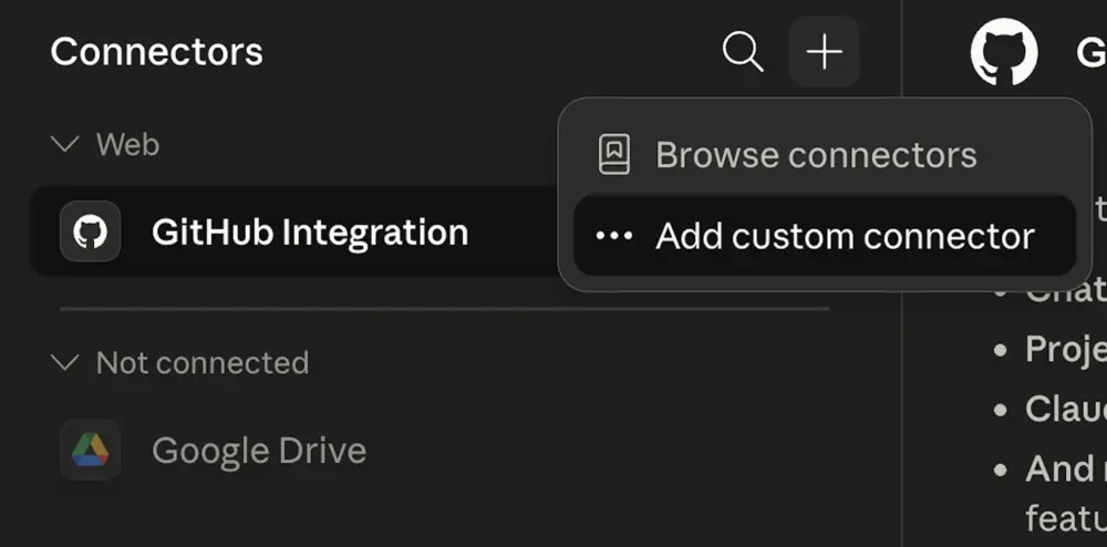 Claude Connectors panel — click the + and choose Add custom connector