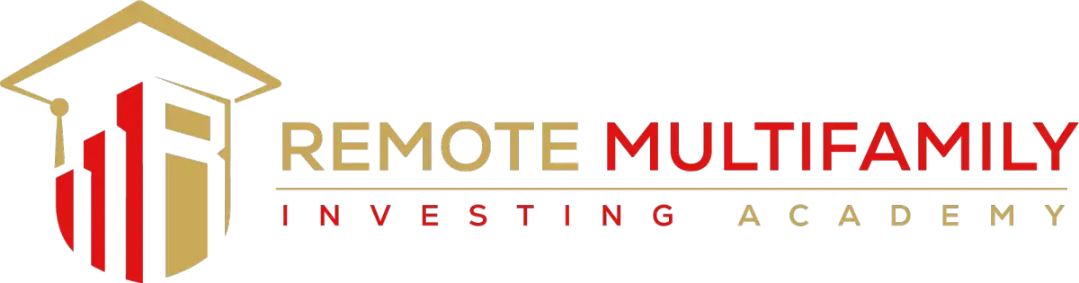 Logo of Remote Multifamily Investing Academy with stylized gold and red house and building icons.