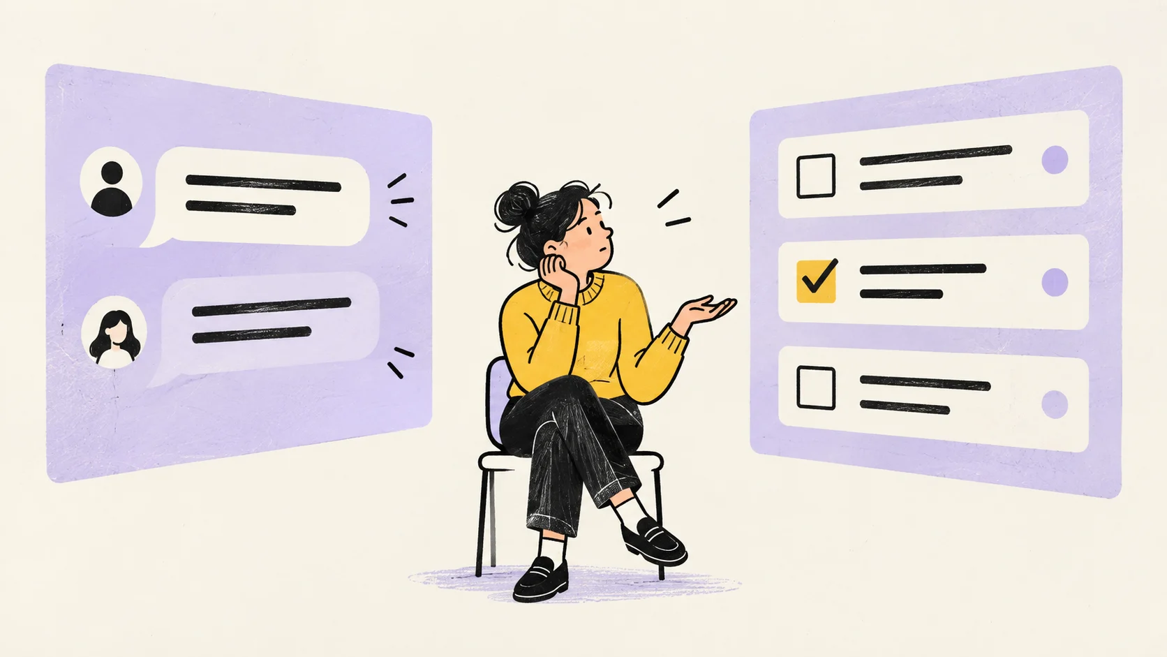 A puzzled person trying to follow a task between a Slack conversation and a separate list.