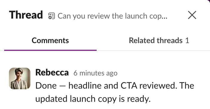 The list item's separate Comments tab contains Rebecca's completion update: the headline and CTA are reviewed and the copy is ready. Related threads is a different tab.