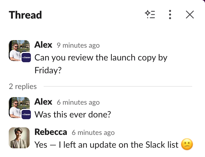 Alex asks whether the launch-copy review was done. Rebecca replies that she left an update on the Slack list.