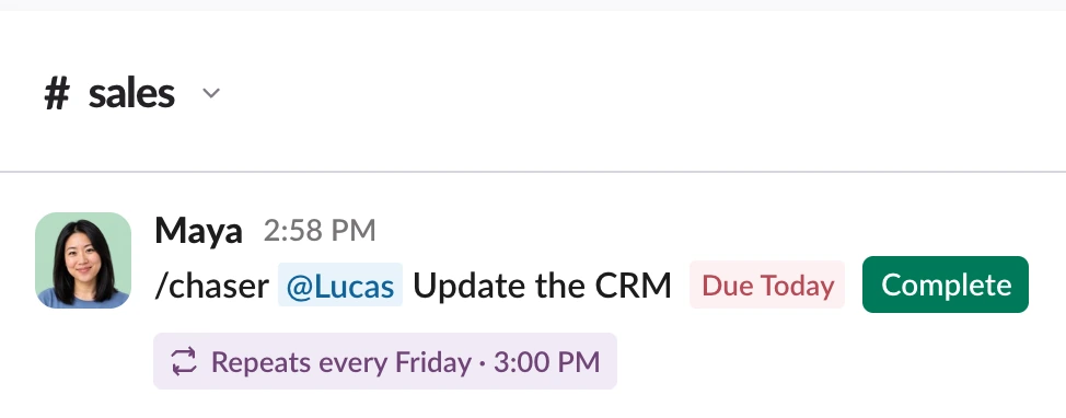 A task assigned to Lucas in the sales channel to update the CRM, repeating every Friday at 3:00 PM.