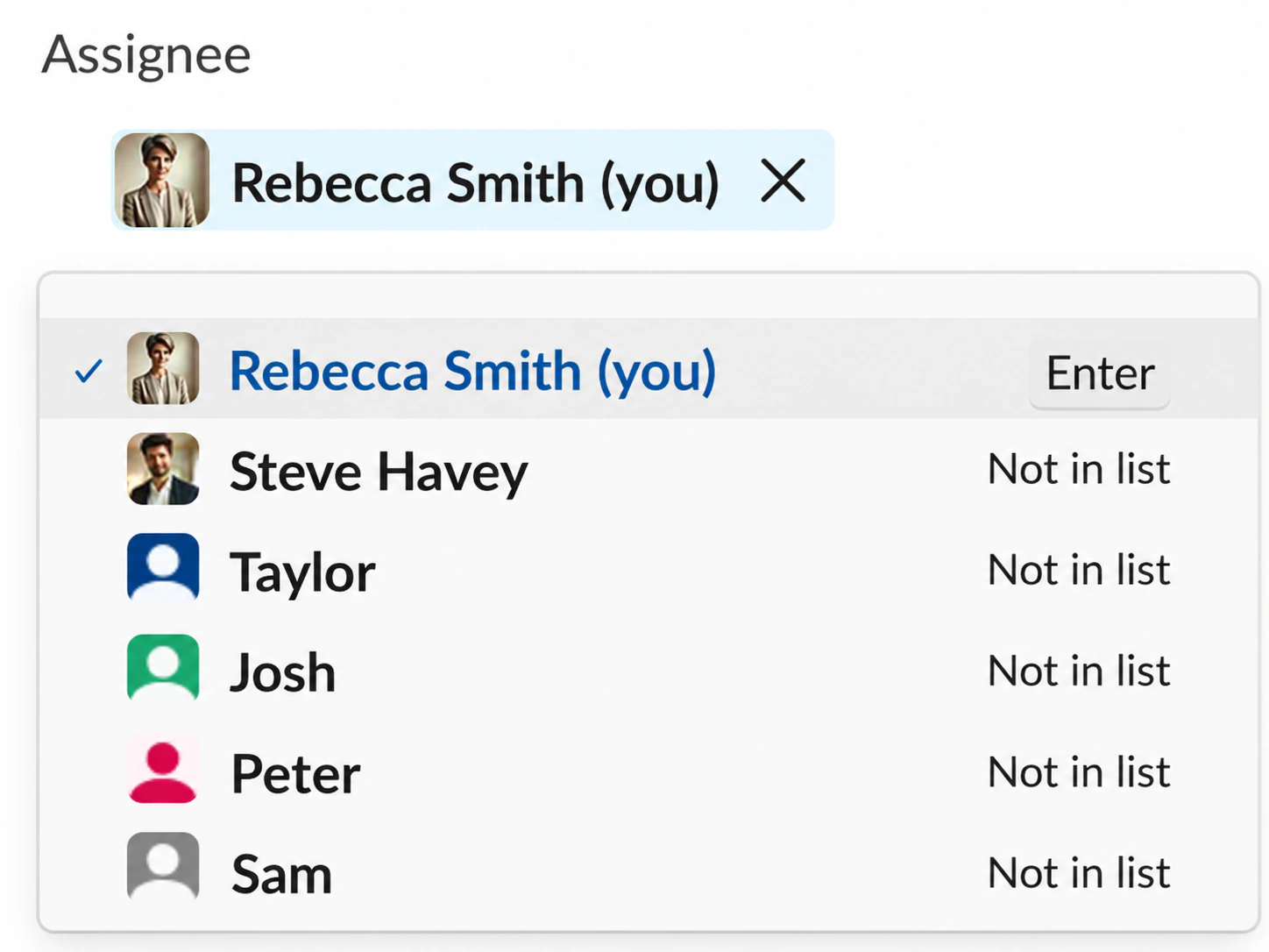 Simplified Slack Lists assignee picker with six people: Rebecca, Steve, Taylor, Josh, Peter and Sam. Everyone except Rebecca is marked Not in list.