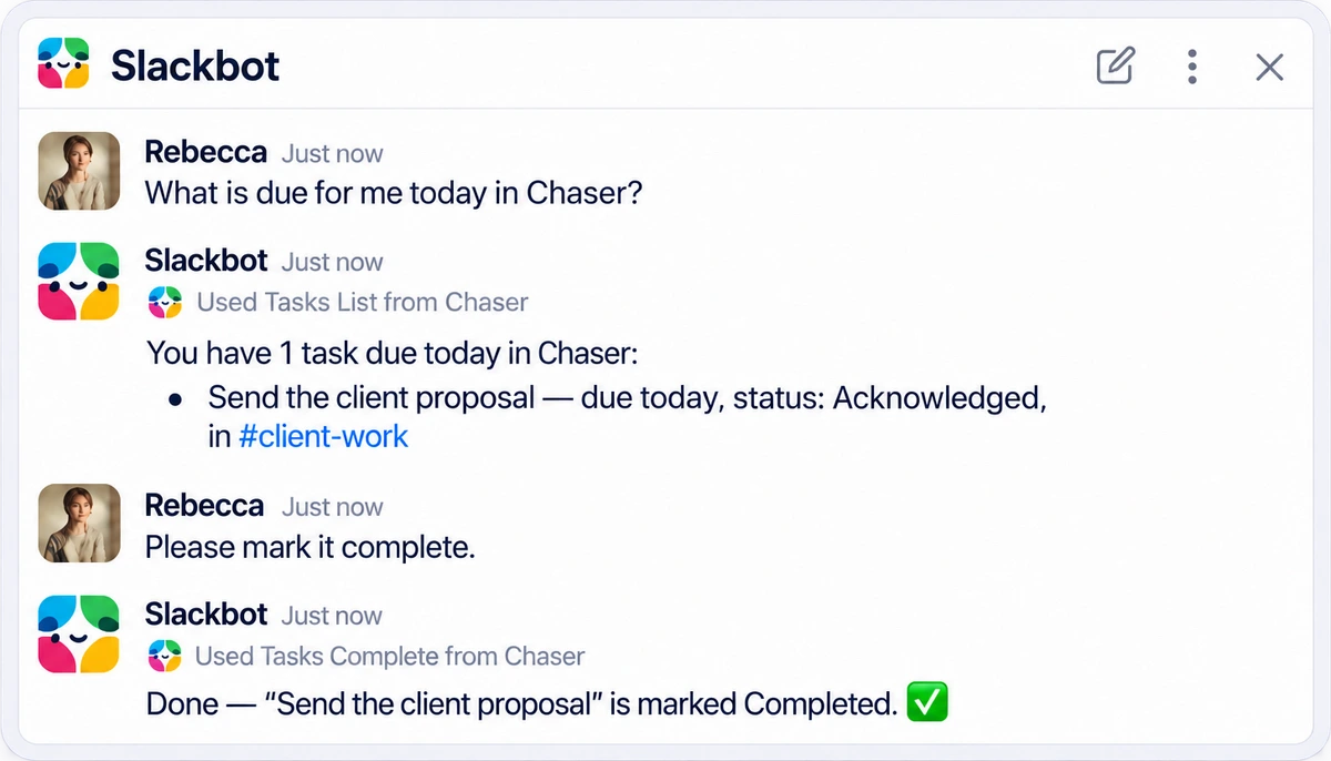 A Slackbot conversation uses Chaser’s List Tasks tool to find Send the client proposal, then Complete Task to mark it complete.