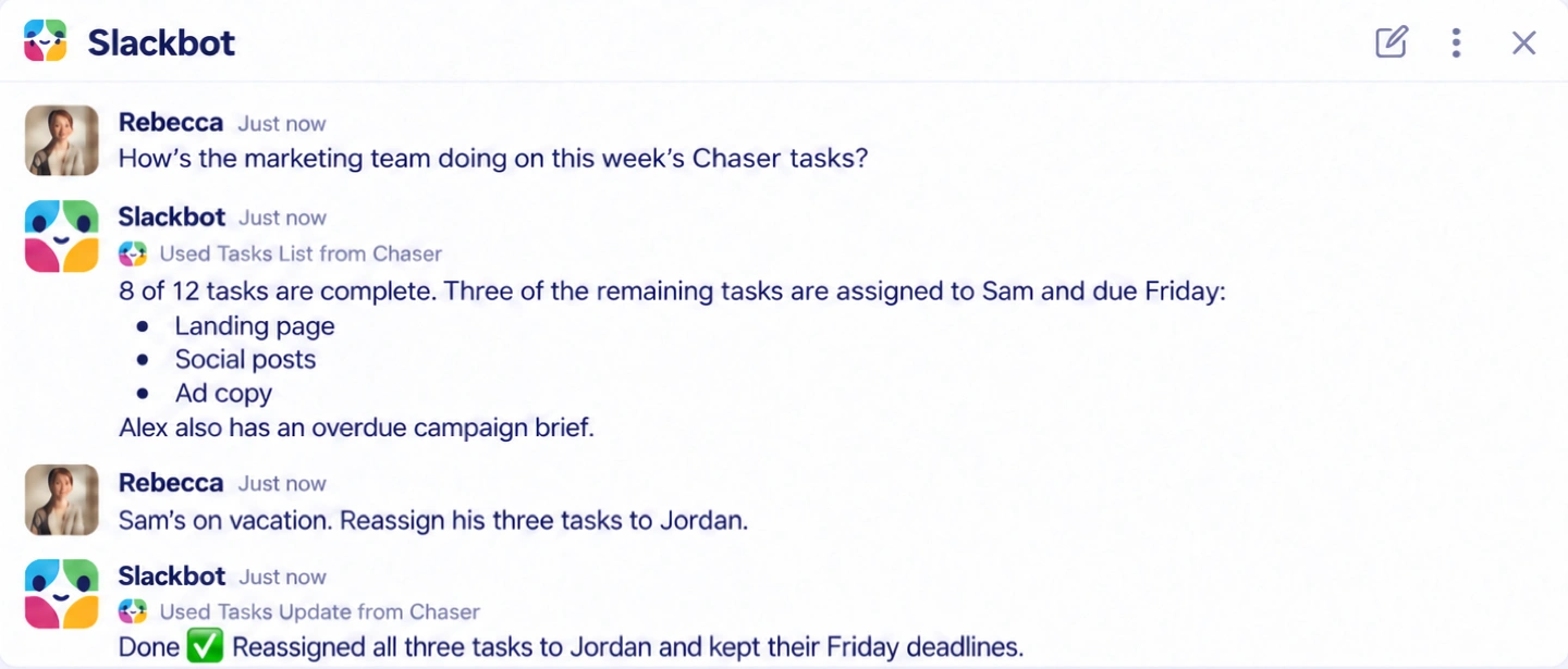 Slackbot summarizes the marketing team’s 12 Chaser tasks, then reassigns Sam’s three open tasks to Jordan while keeping their Friday deadlines.