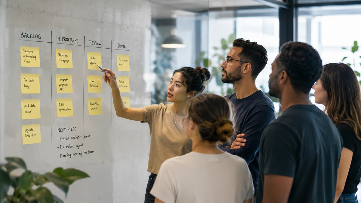 A team reviewing work arranged in Backlog, In Progress, Review, and Done columns on a whiteboard.