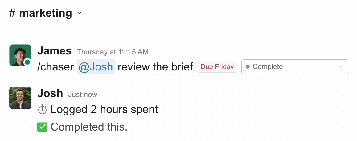 Josh logs two hours and completes the brief review task in the marketing channel.